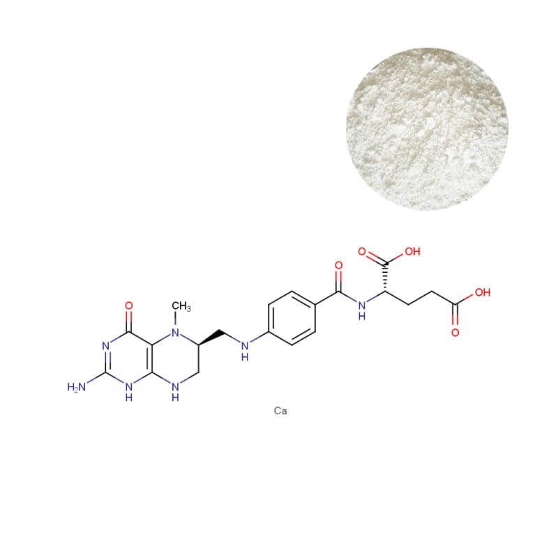 5-MTHF Calcium (Active Folate) powder and molecular structure. Directly bioactive folate for prenatal and mood support formulas. GMP-certified.