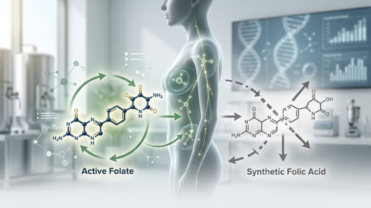 Active folate vs synthetic folic acid biochemical absorption comparison in a B2B lab setting.