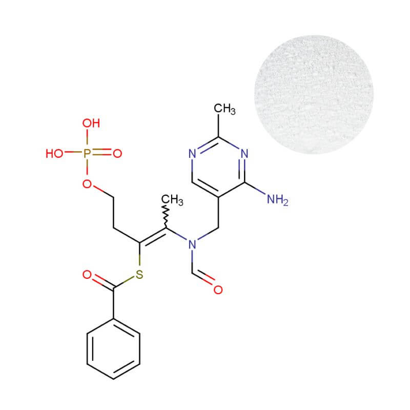 Benfotiamine powder bulk ingredient with molecular structure C19H23N4O6PS - High purity Vitamin B1 derivative for supplement manufacturing
