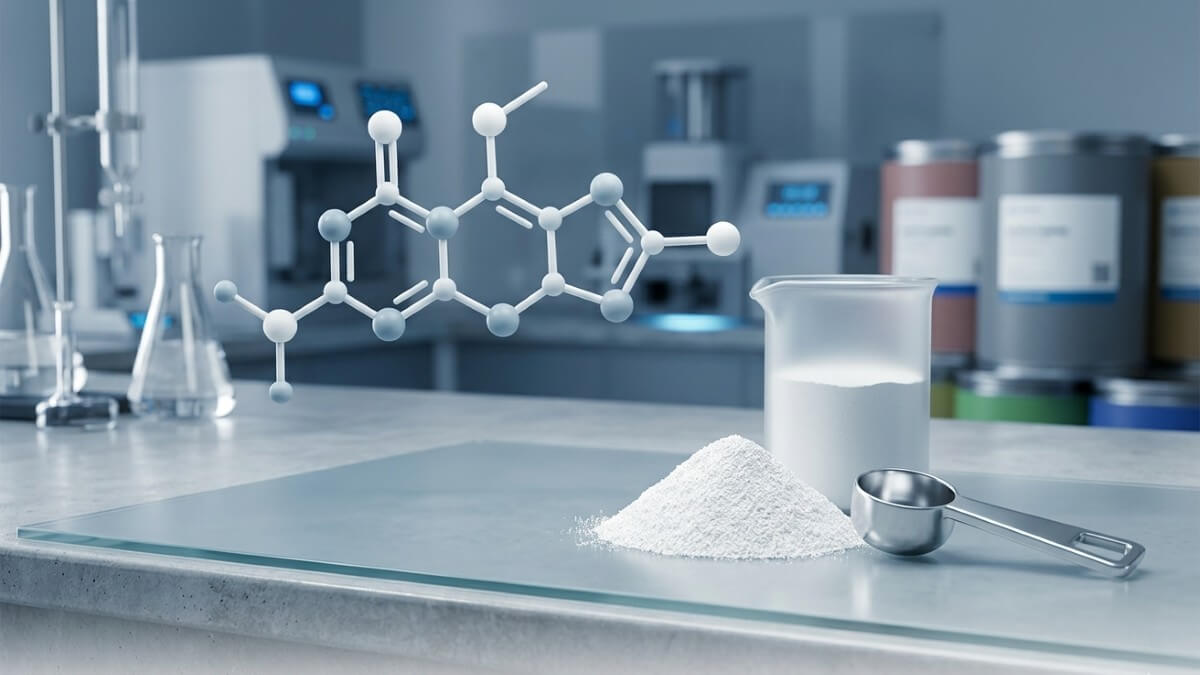 Pure benfotiamine powder with chemical molecular model in a professional lab.
