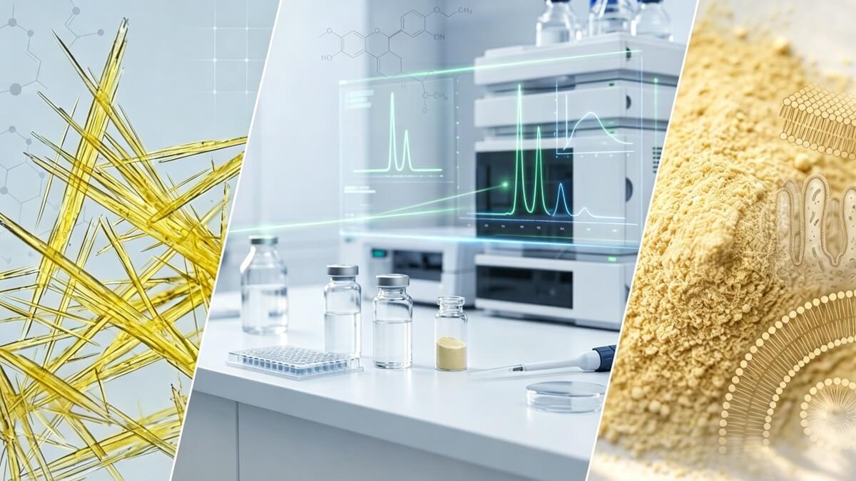 Berberine HCL crystalline needles and phytosome lipid complex under HPLC testing.