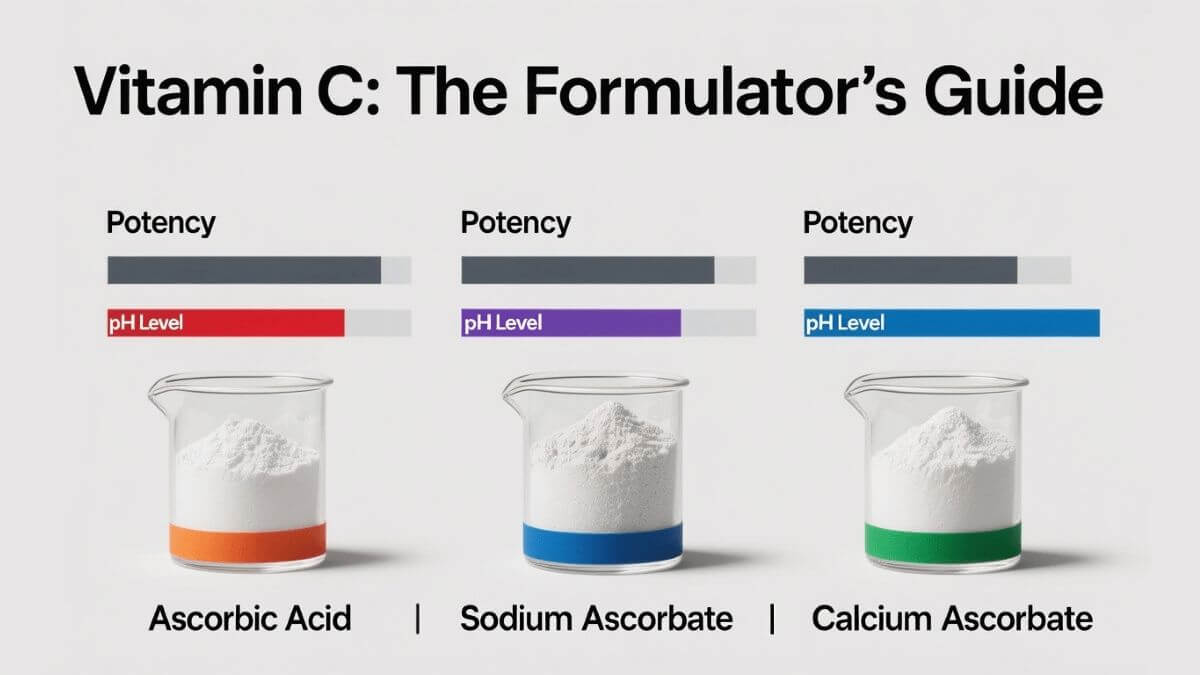 Infographic comparing three Vitamin C forms (Ascorbic Acid, Sodium Ascorbate, Calcium Ascorbate) by potency and pH level.