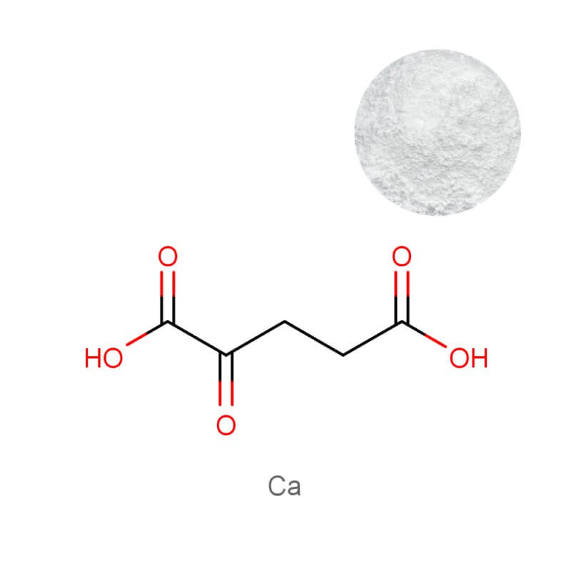 Pure bulk Calcium Alpha-Ketoglutarate powder with chemical structure diagram for supplement R&D.