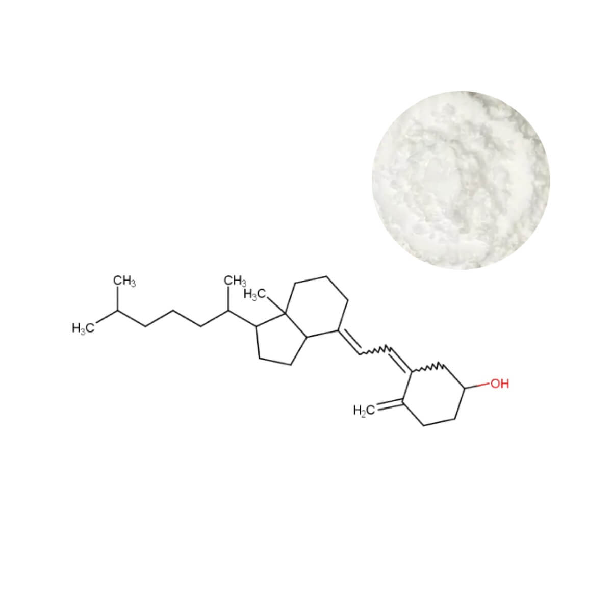 Cholecalciferol (Vitamin D3) Powder with molecular structure, the bioavailable form for bone health, calcium absorption, immune support supplements