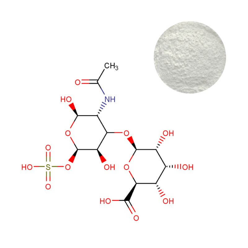 Chondroitin sulfate powder sample and molecular structure diagram for joint health supplements