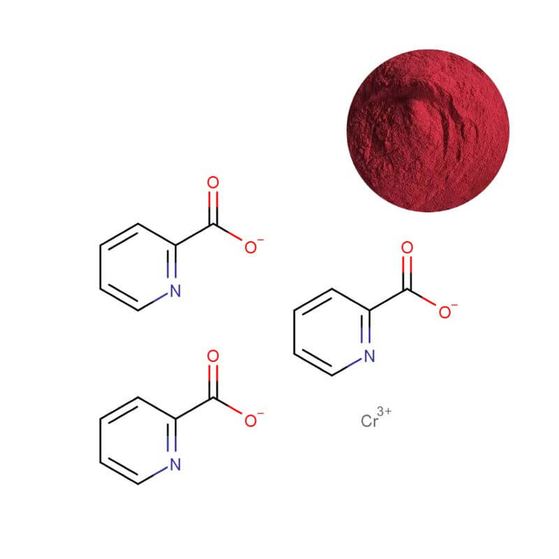 Chromium picolinate powder 98% purity specification with molecular structure diagram