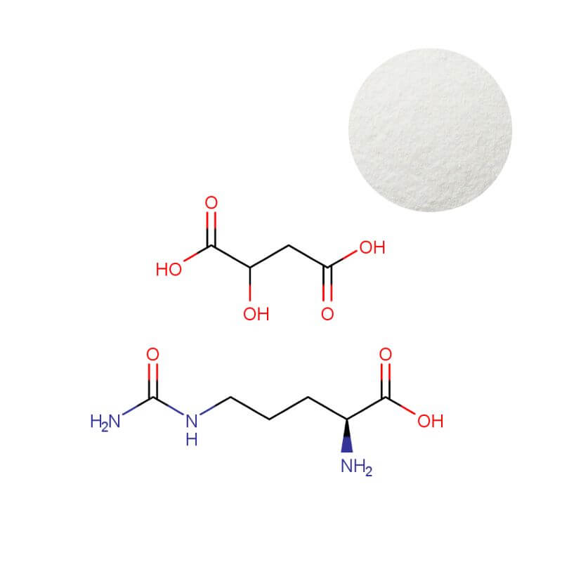 Citrulline Malate 2:1 powder with chemical structure, 99% purity ingredient for sports nutrition formulation.