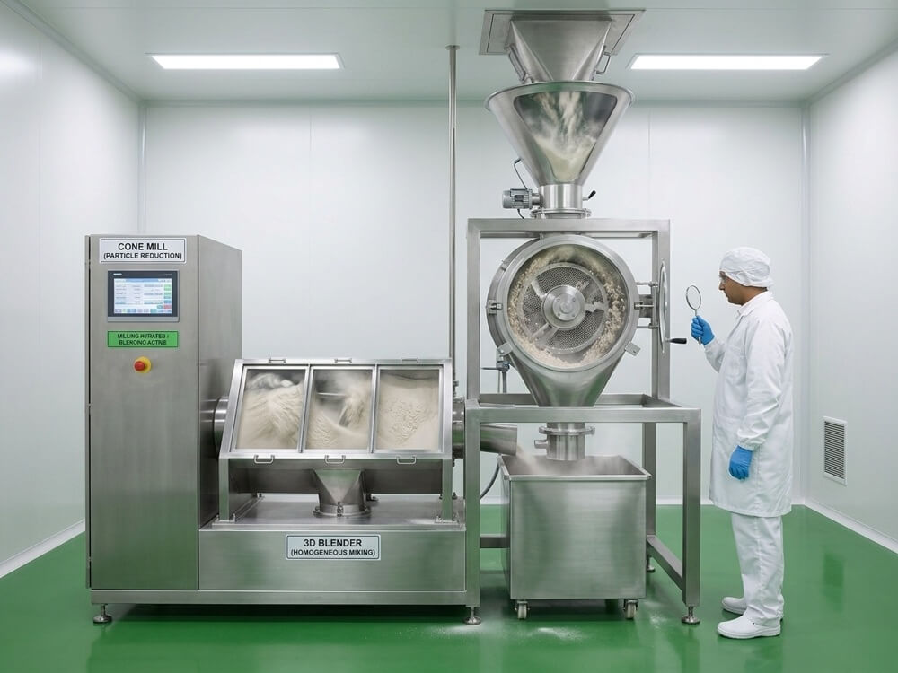 Custom particle milling and 3D powder blending for solid dosage premixes in a cGMP facility