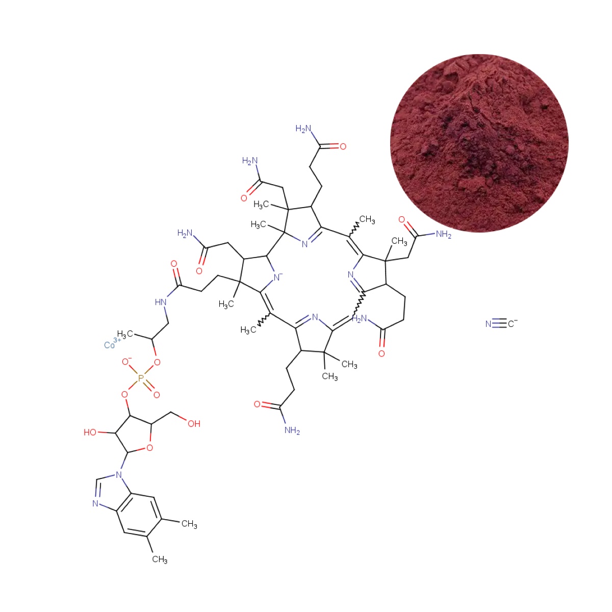 Vitamin B12 (Cyanocobalamin) dark red crystals with molecular structure (C₆₃H₈₈CoN₁₄O₁₄P)