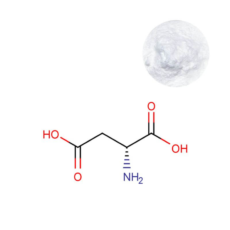 Premium D-Aspartic Acid powder with molecular structure, standardized to ≥99% purity for sports nutrition formulations.