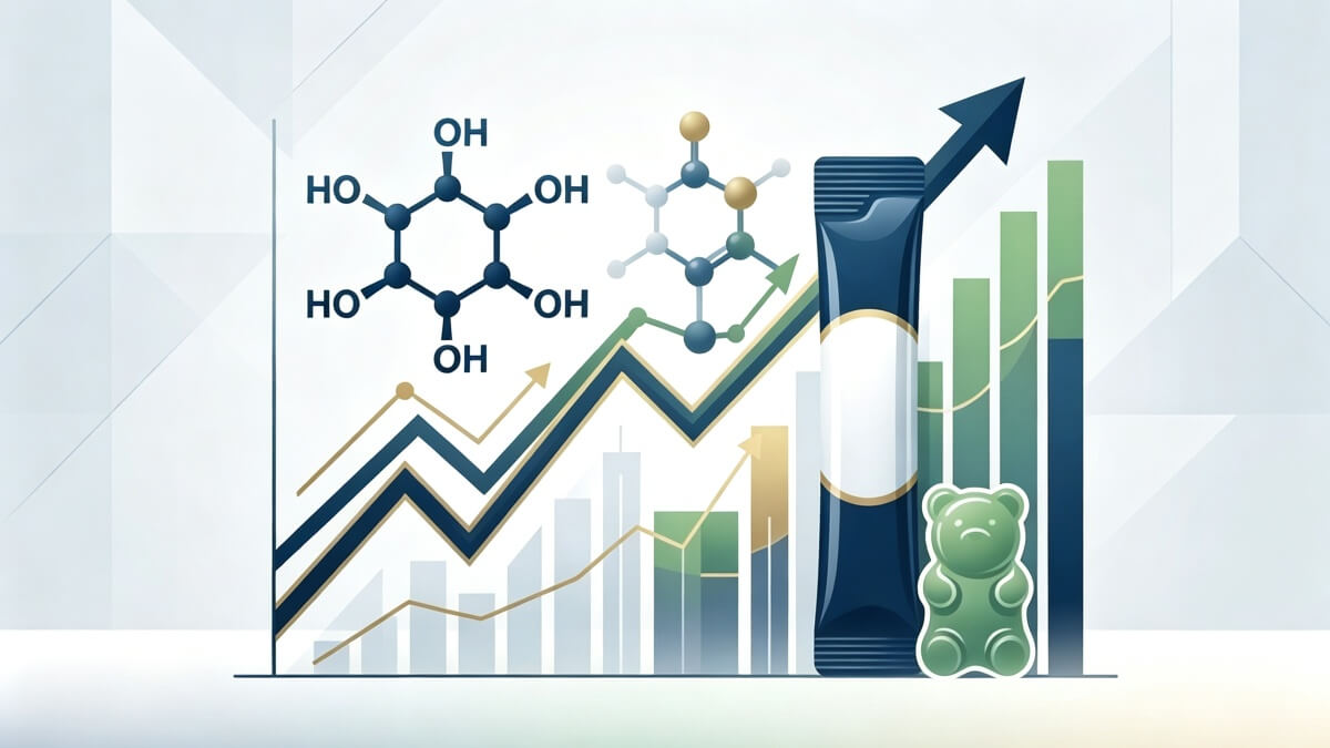 Inositol molecular model with market growth trend chart and functional sachet delivery form.