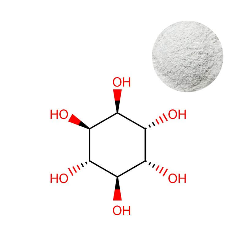 Bulk D-chiro-inositol powder sample with its chiral molecular structure overlay.