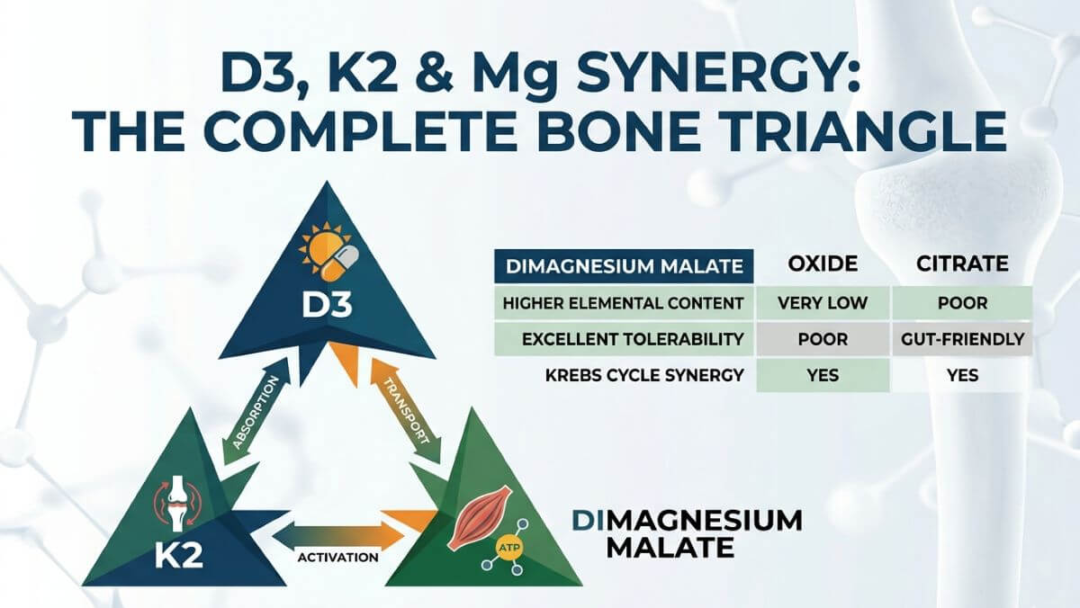Bone Triangle: D3, K2 MK7 & Dimagnesium Malate synergy for calcium activation.