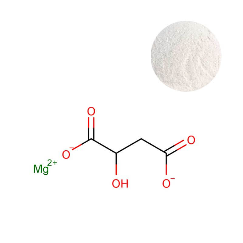 Bulk Dimagnesium Malate Powder (MgC4H4O5) in White Powder Form with Chemical Structure Diagram