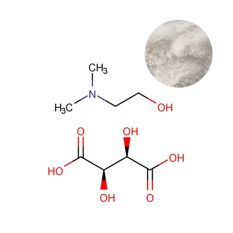 High-purity DMAE Bitartrate powder (99%) with molecular structure diagram for cognitive health supplement formulation.