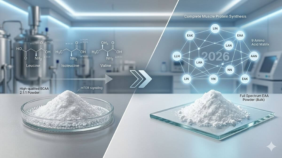 Comparative analysis of EAA and BCAA pure white crystalline raw powder for 2026 sports nutrition formulation.