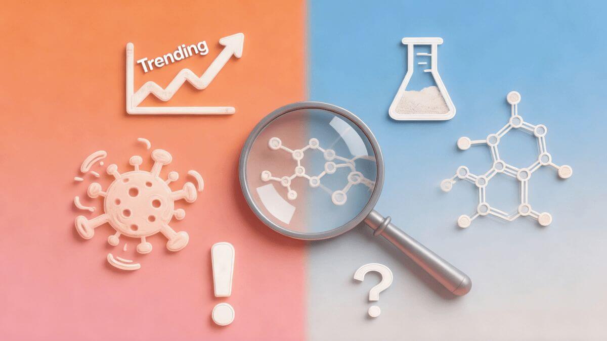 Conceptual graphic contrasting epicatechin hype with scientific evidence.