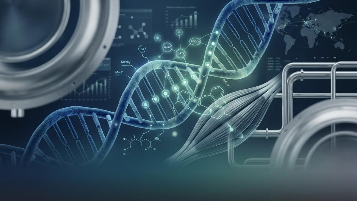 Industrial DNA helix merged with skeletal muscle fibers and pharmaceutical reactors.