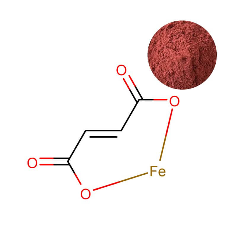 High-purity Ferrous Fumarate powder with C4H2FeO4 molecular structure for USP-grade supplements.