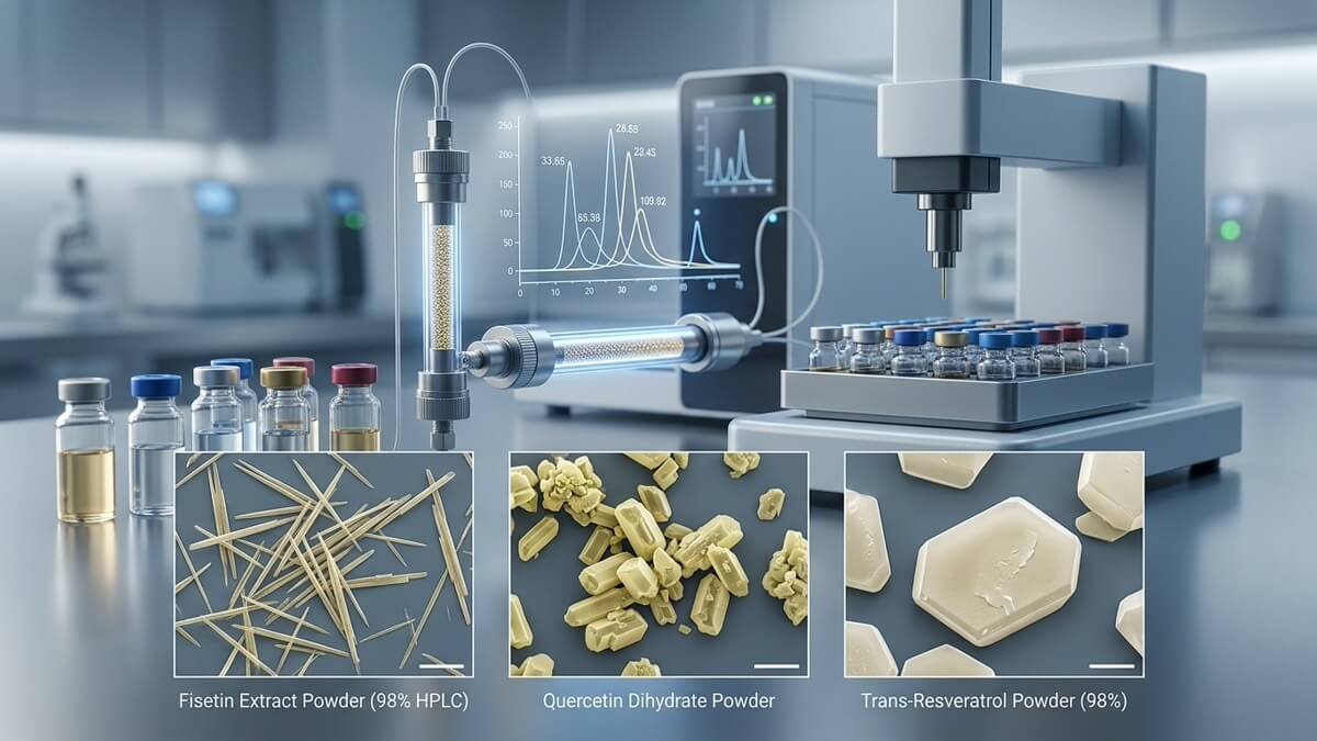 HPLC chromatography and SEM microscopic crystal structures of fisetin, quercetin, and resveratrol
