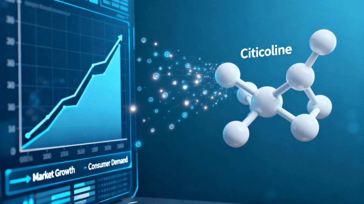 An infographic blending global nootropic market growth data with the molecular structure of Citicoline (CDP-Choline).