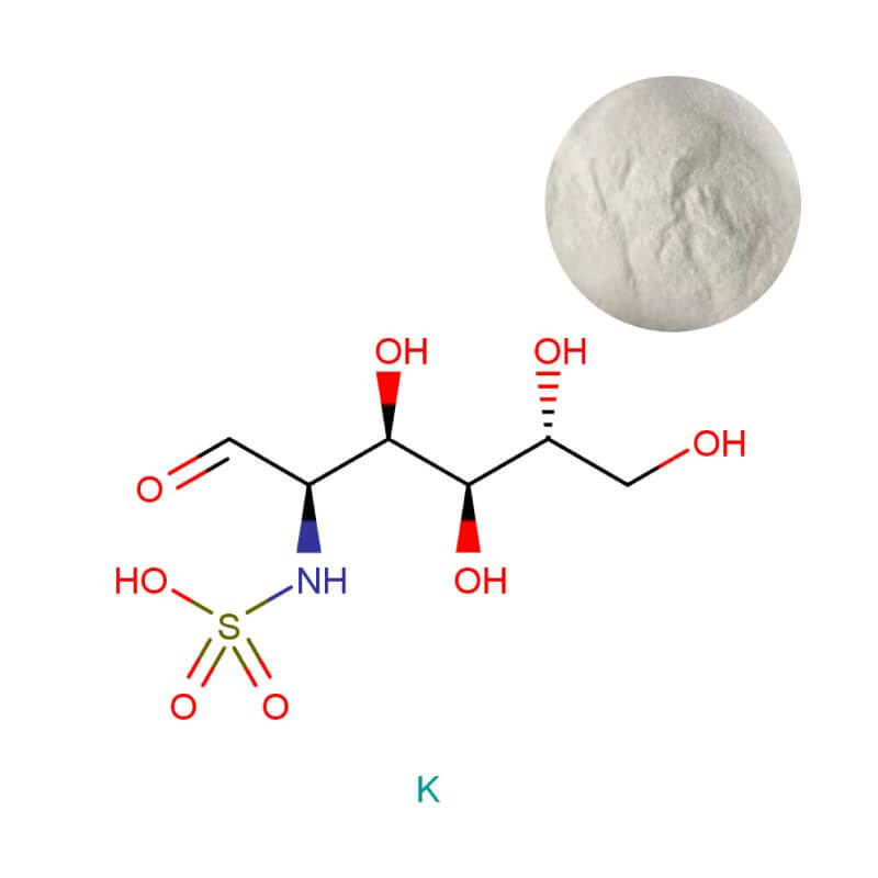 Bulk Glucosamine Sulfate 2KCl USP powder with molecular structure for supplement formulation