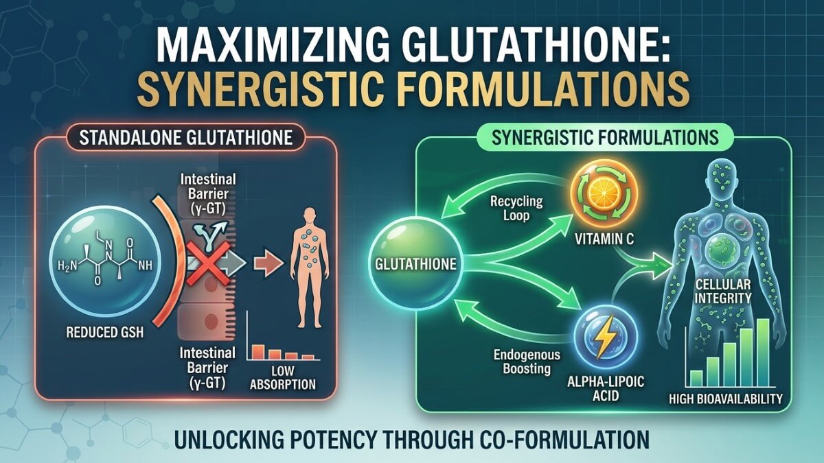Diagram showing Glutathione synergy with Vitamin C and ALA for higher bioavailability.