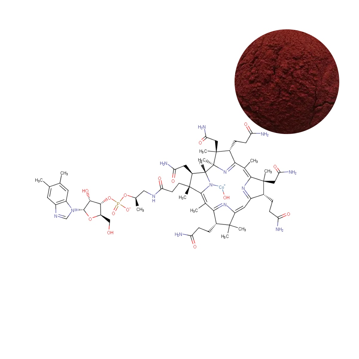 Vitamin B12 (Hydroxocobalamin) dark red powder with molecular structure (C₆₂H₈₉CoN₁₃O₁₅P)