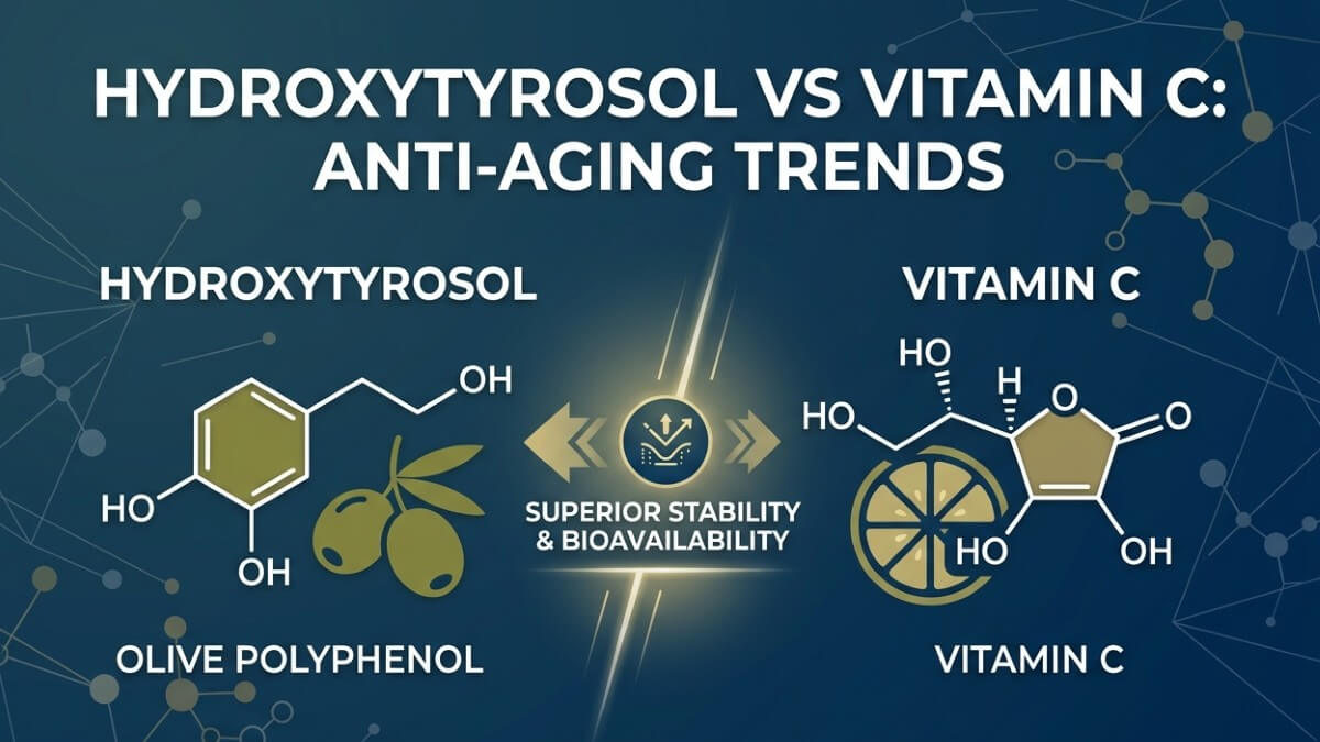 Comparison of Hydroxytyrosol and Vitamin C molecular structures for anti-aging formulations.