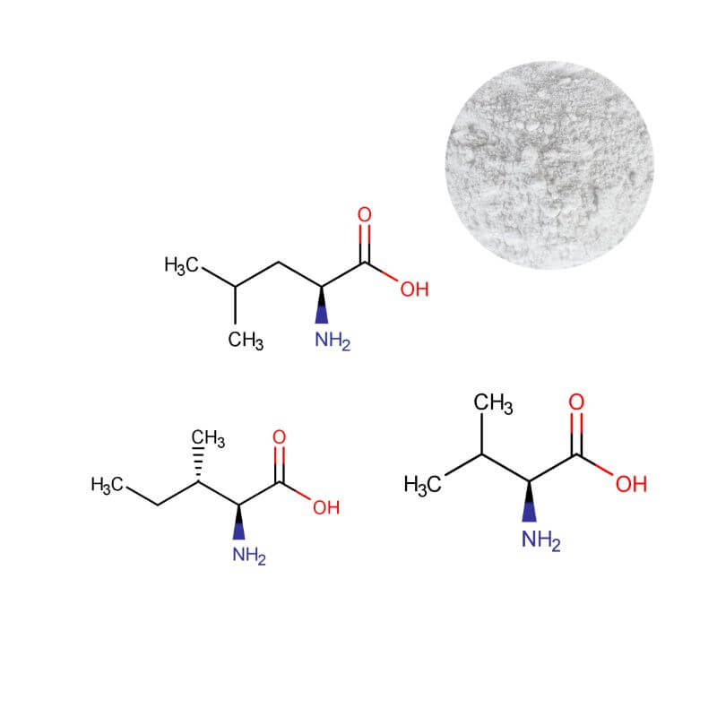 Instantized BCAA 2:1:1 powder with L-Leucine, Isoleucine, Valine molecular structures. High-solubility sports nutrition raw material.