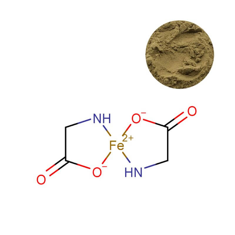 Iron Bisglycinate Powder 20% Fe with chemical structure for professional supplement formulation.