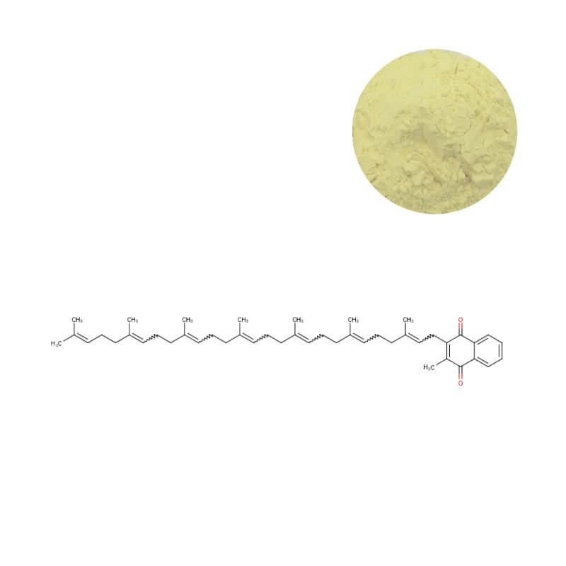 Bulk Vitamin K2 MK7 powder with all-trans molecular structure, fermented by Bacillus subtilis.