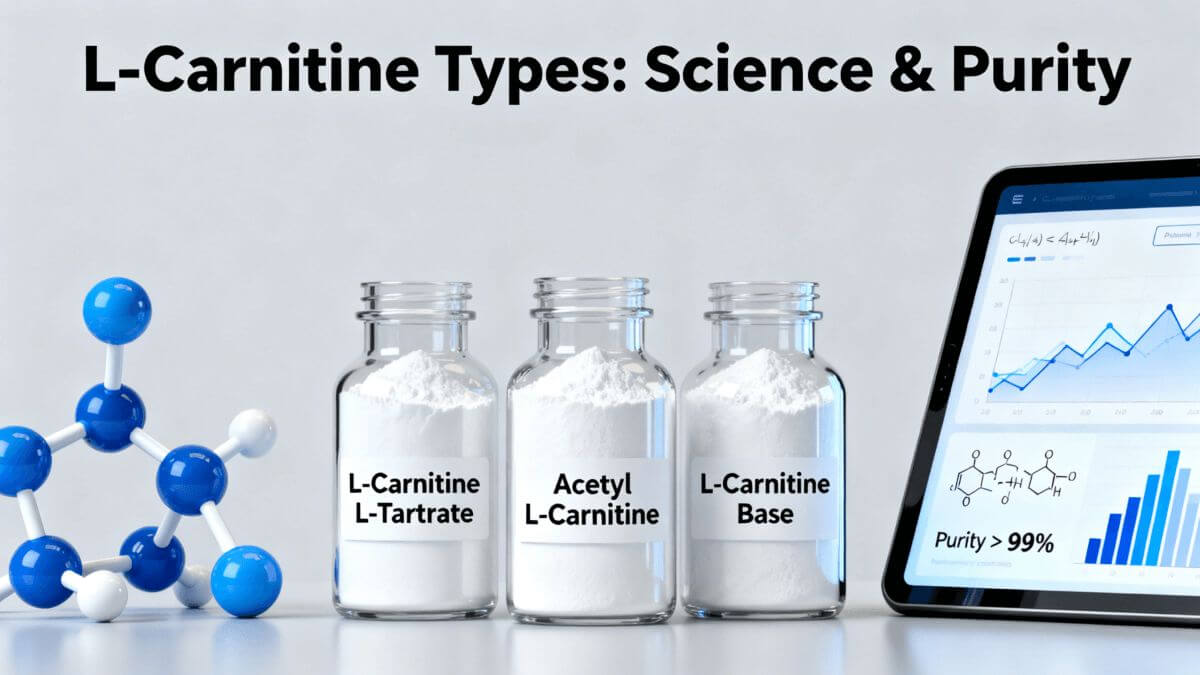 Visual guide comparing three L-Carnitine types: L-Tartrate, Acetyl, and Base powders, with molecular structure and purity data.