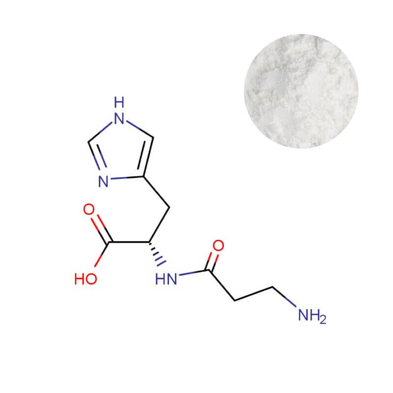 Pure L-Carnosine powder sample with its chemical molecular structure diagram.