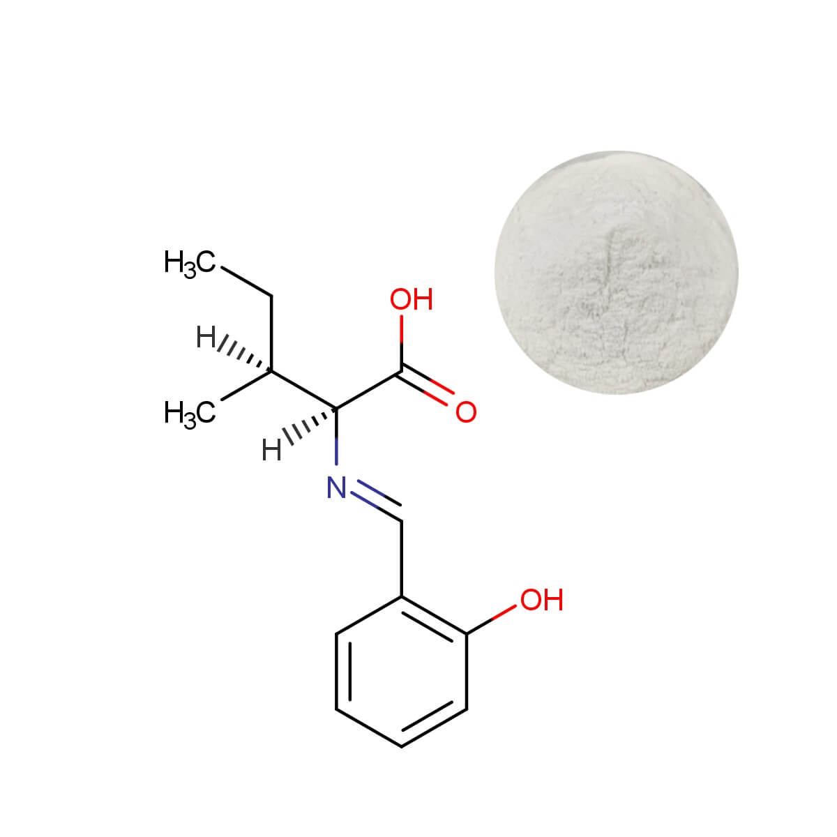 Pure L-Isoleucine powder with molecular structure diagram, a vital BCAA for muscle recovery and protein synthesis supplements