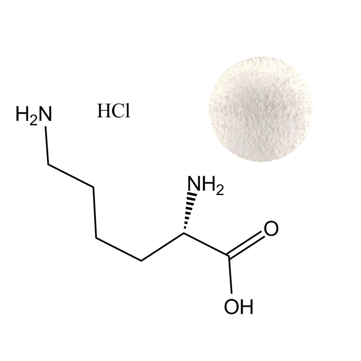 L-Lysine Hydrochloride (HCL) pure powder supplement with detailed molecular structure.