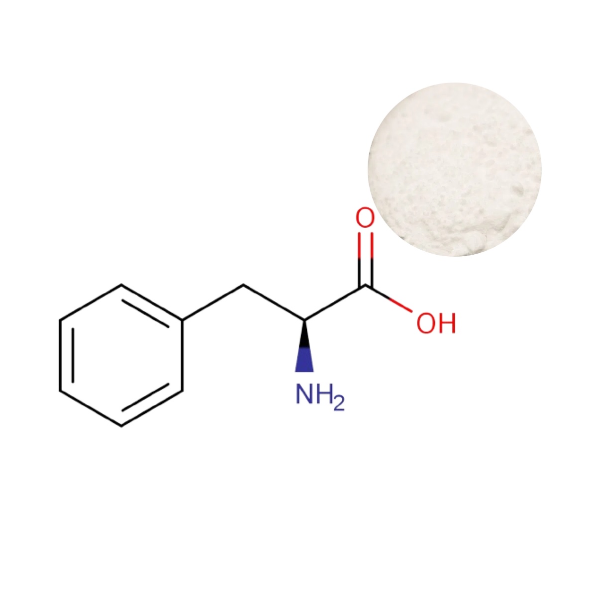Pharmaceutical-grade L-Phenylalanine powder with 3D molecular structure (C₉H₁₁NO₂)