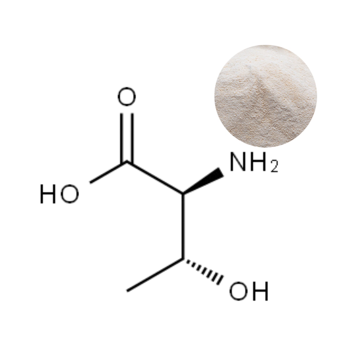 Pharmaceutical-grade L-Threonine powder with 3D molecular structure (C₄H₉NO₃)