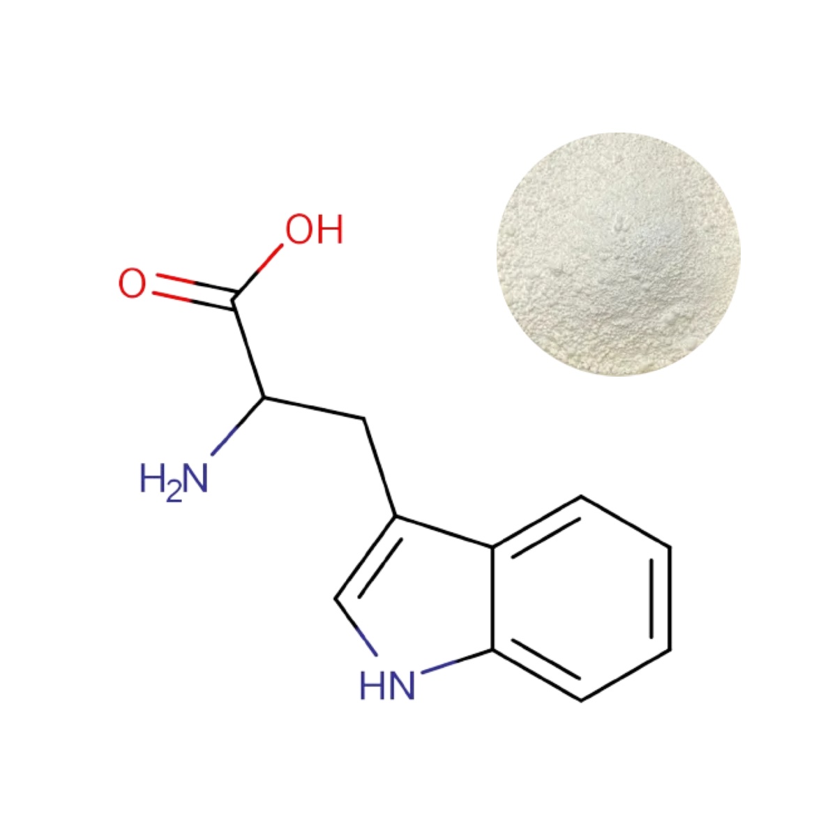 harmaceutical-grade L-Tryptophan powder with molecular structure diagram