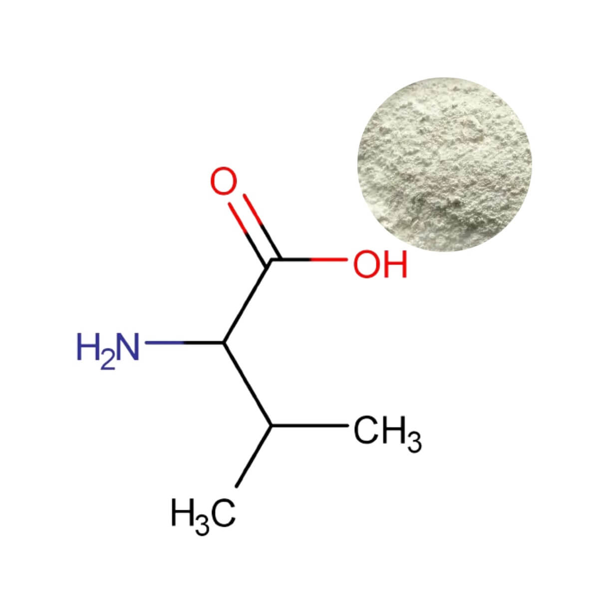 L-Valine white crystalline powder and molecular structure provided by a leading Food Grade supplier.