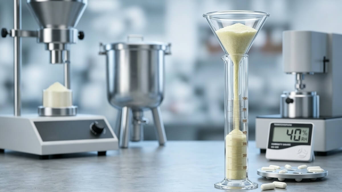 Luteolin powder flowing through a glass funnel during powder rheology testing.