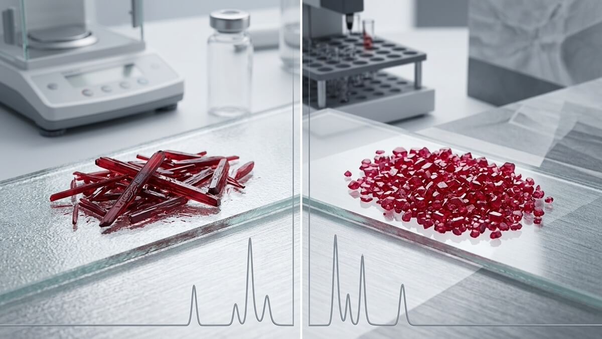 Comparative microscopic red crystals of methylcobalamin and cyanocobalamin with HPLC chromatograms.