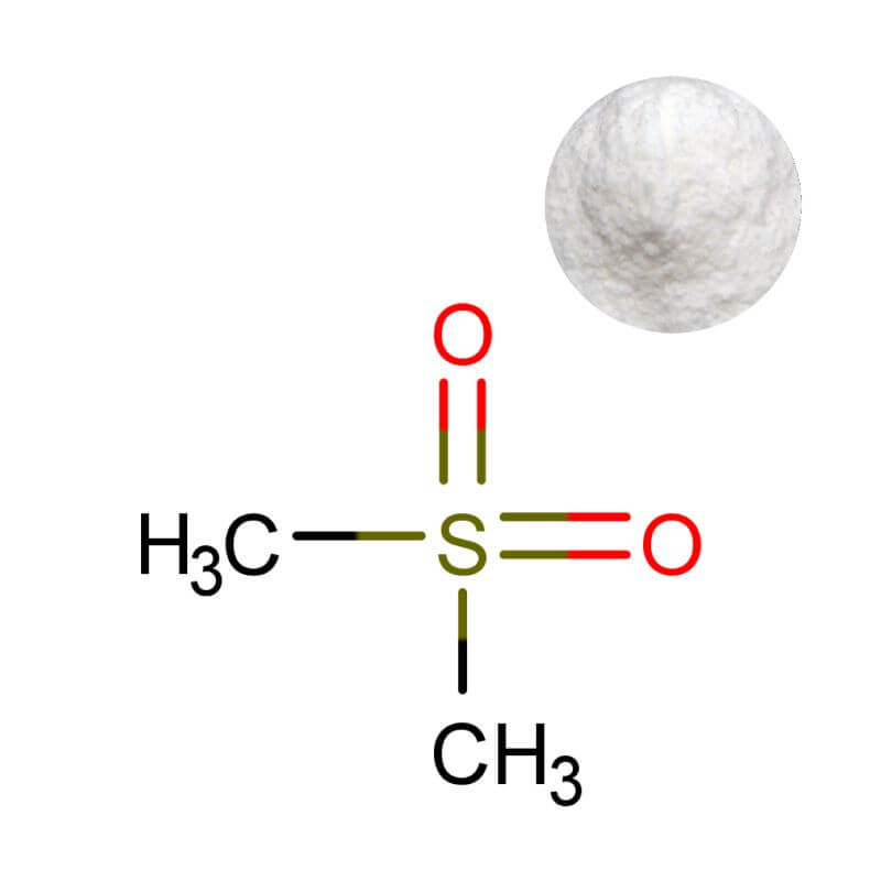 High-purity MSM Powder (Methylsulfonylmethane) next to its molecular structure (C2H6O2S), showing white crystalline texture and chemical composition.