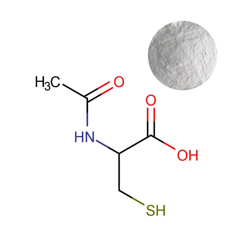 99% pure N-Acetyl Cysteine (NAC) powder and molecular structure for B2B supplement formulas.