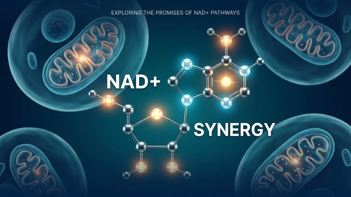 Professional 3D render of NAD+ and synergistic cellular energy pathways for longevity supplements.