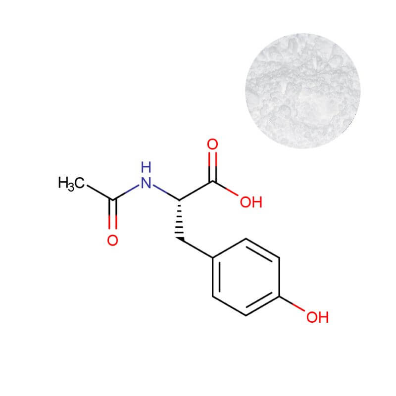 Bulk N-Acetyl L-Tyrosine (NALT) powder with molecular structure, HPLC verified ≥99% purity.