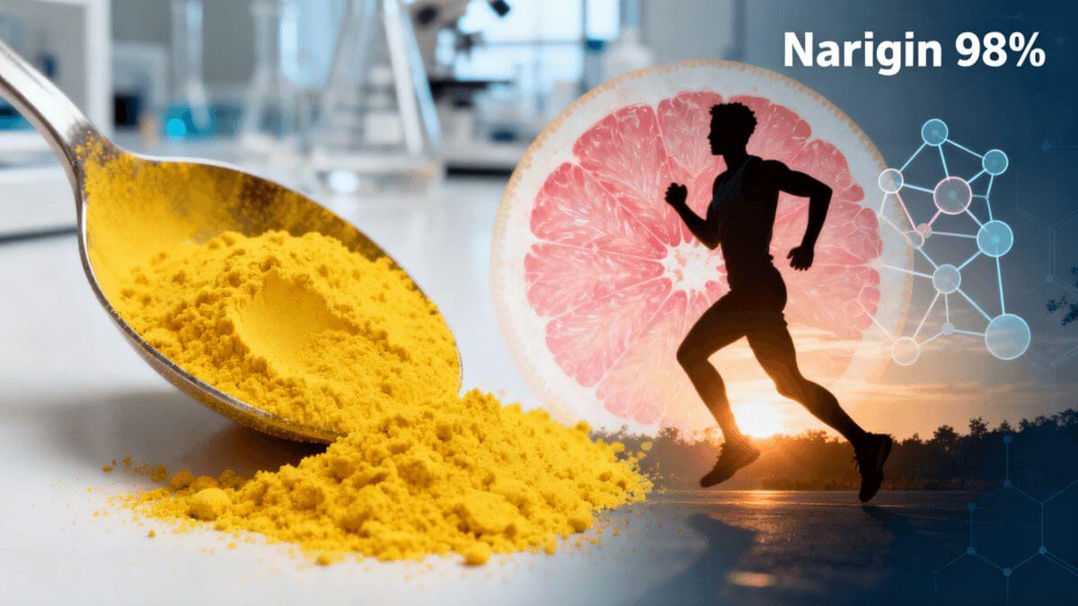 Naringin Extract, a natural bioflavonoid for sports nutrition, shown as pure powder with an athlete for performance recovery.