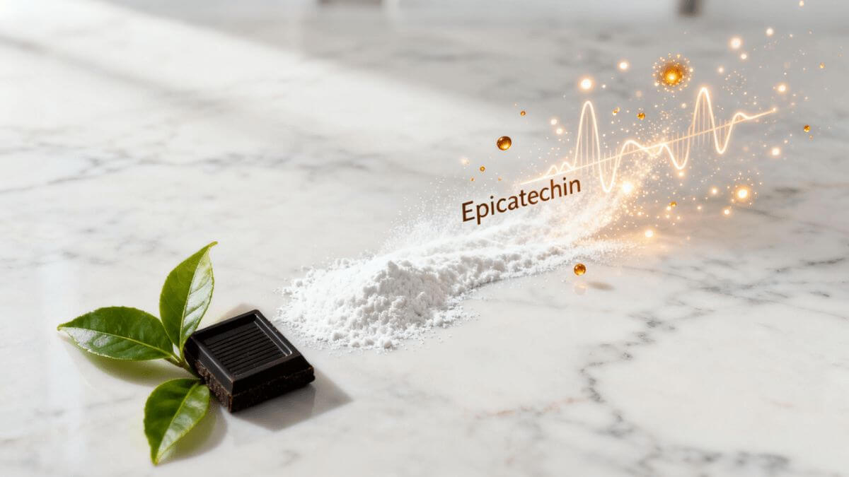 Natural Epicatechin powder rising from green tea, symbolizing clean-label energy for product formulation.