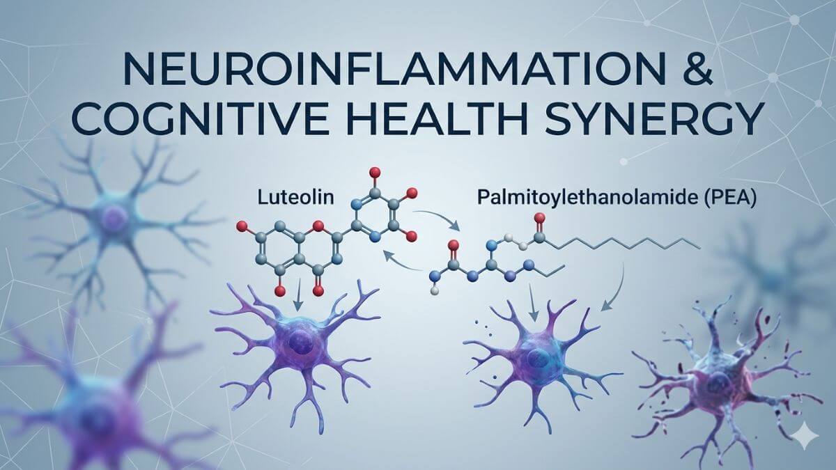 Scientific diagram illustrating Luteolin and PEA synergy against microglial neuroinflammation for cognitive health.