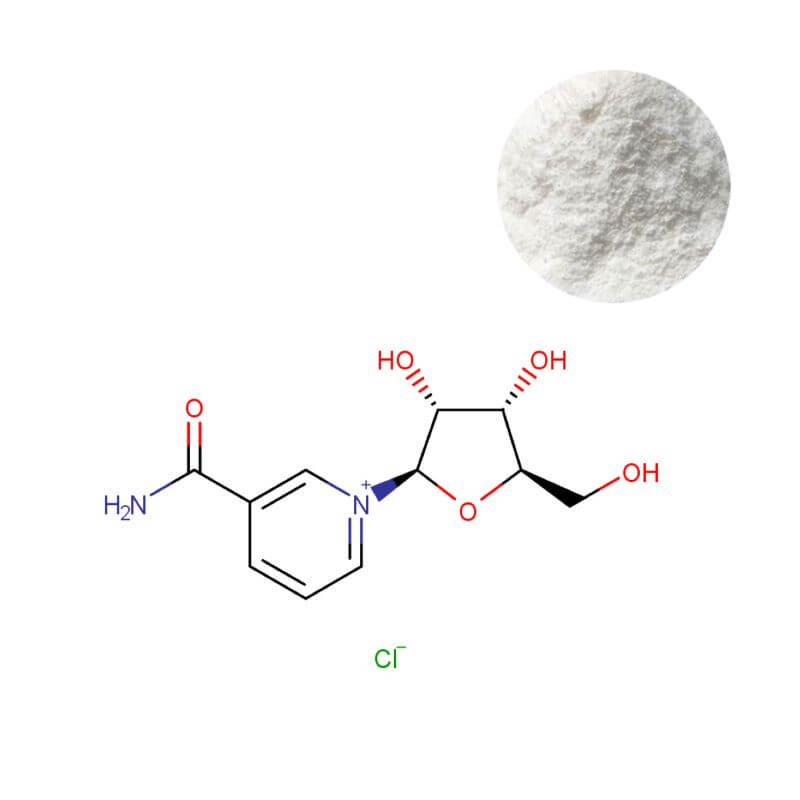 Premium Nicotinamide Riboside Chloride (NR-Cl) powder with molecular structure, standardized to ≥99% purity for bulk B2B supply.